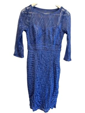 Stunning Sue Wong Royal Blue Lace Sheath Dress with Three-Quarter Sleeves